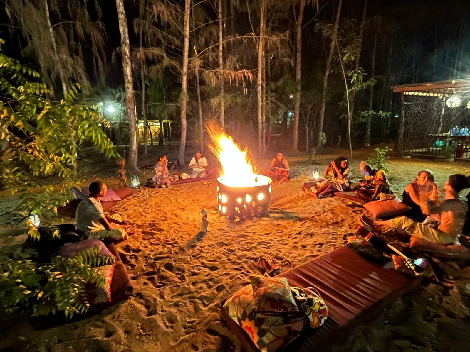 Guests gathered around the firepit at night